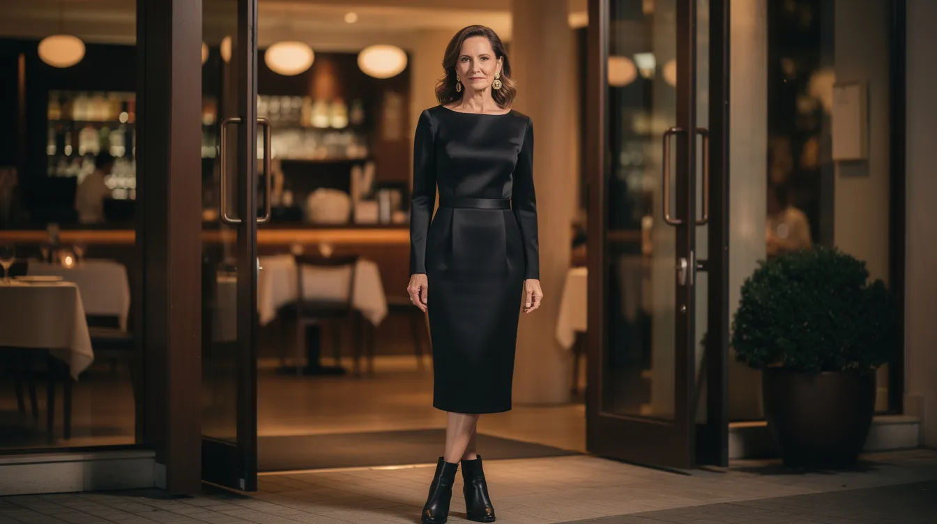 An elegant woman in her 40s stands confidently at the entrance of a softly lit restaurant, wearing a chic black midi dress complemented by gold statement earrings and stylish ankle boots, showcasing a modern and classic outfit choice. This look embodies essential style tips for women seeking to balance fashion and personality at any occasion.