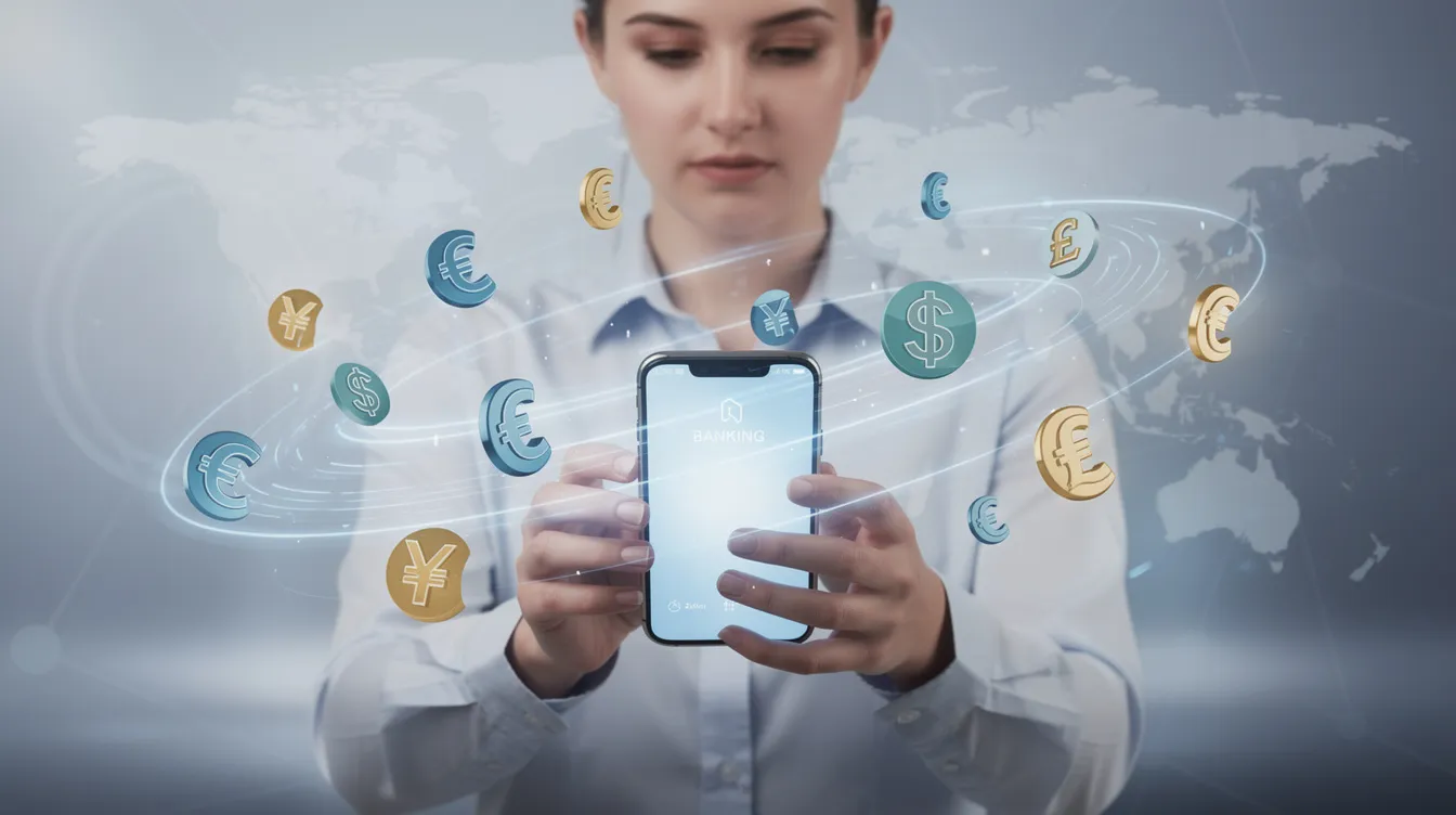 An individual is using a smartphone with various currency symbols floating around, symbolizing the concept of digital international money transfers. This image highlights the ease of sending money abroad, particularly through services like Punjab and Sind Bank, which facilitates international wire transfers.