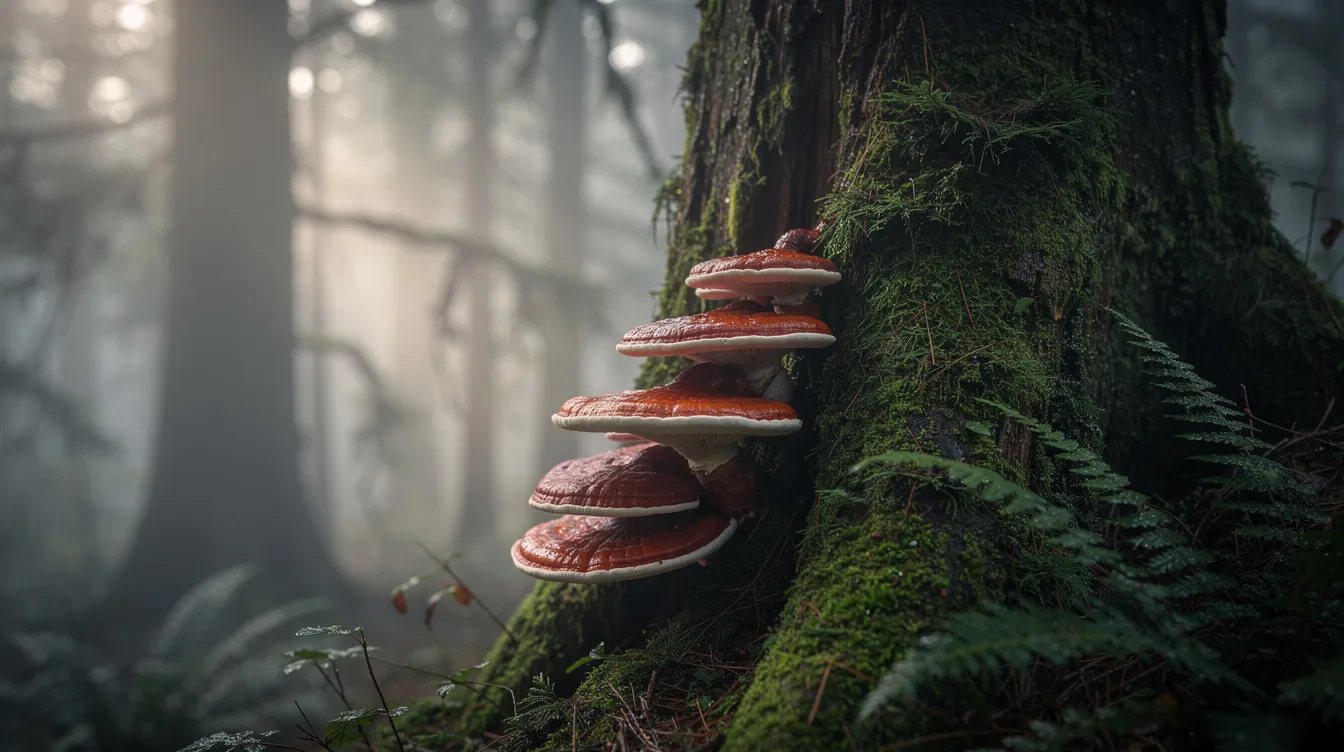 In a misty forest, reishi mushrooms are growing naturally on the side of a large tree trunk, showcasing their unique, vibrant colors and distinct shapes. This serene scene suggests a peaceful environment where these mushrooms can possibly improve sleep and promote relaxation.