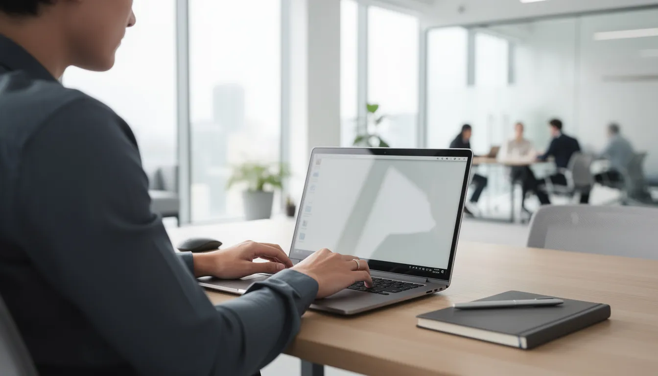 A person is typing on a laptop computer in a modern office environment, surrounded by sleek furniture and contemporary decor. This scene captures the essence of today's digital age, where effective communication and media relations are vital for crafting well-crafted press releases.