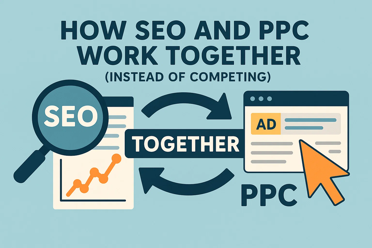 Magnifying glass focusing on a paid Google ad in the top search results.