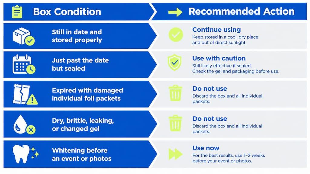 Box condition versus recommended action chart: still in date and stored properly, continue using; just past the date but sealed, use with caution; expired with damaged foil packets or dry, brittle, leaking, or changed gel, do not use; whitening before an event, use fresh strips now