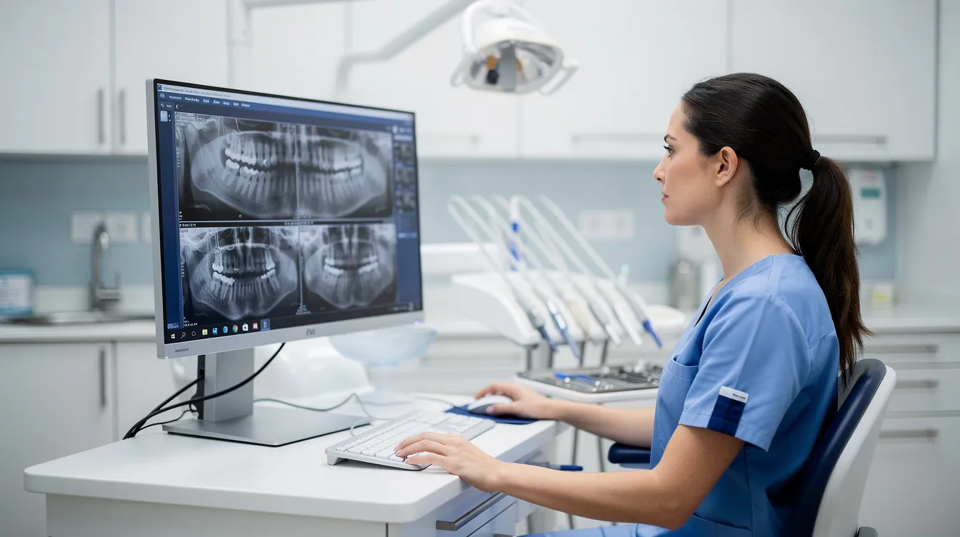 A dental hygienist is focused on reviewing digital X-rays displayed on a computer monitor in a well-equipped treatment room, ensuring proper documentation and accurate coding as part of the dental billing process. This careful examination helps to prevent common dental billing mistakes and supports the financial health of the dental practice.