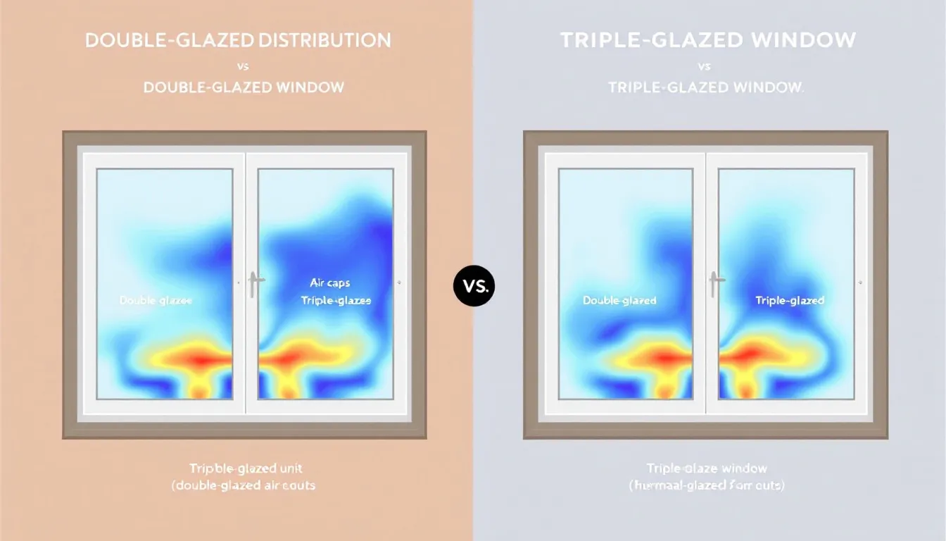 De afbeelding toont een vergelijking van de temperatuurverdeling bij een raam met dubbel glas en een raam met triple glas. Het verschil in isolatiewaarde is duidelijk zichtbaar, waarbij het triple glas met drie glasplaten een betere thermische isolatie biedt, wat resulteert in minder koude lucht die naar binnen komt en een lager energieverbruik.