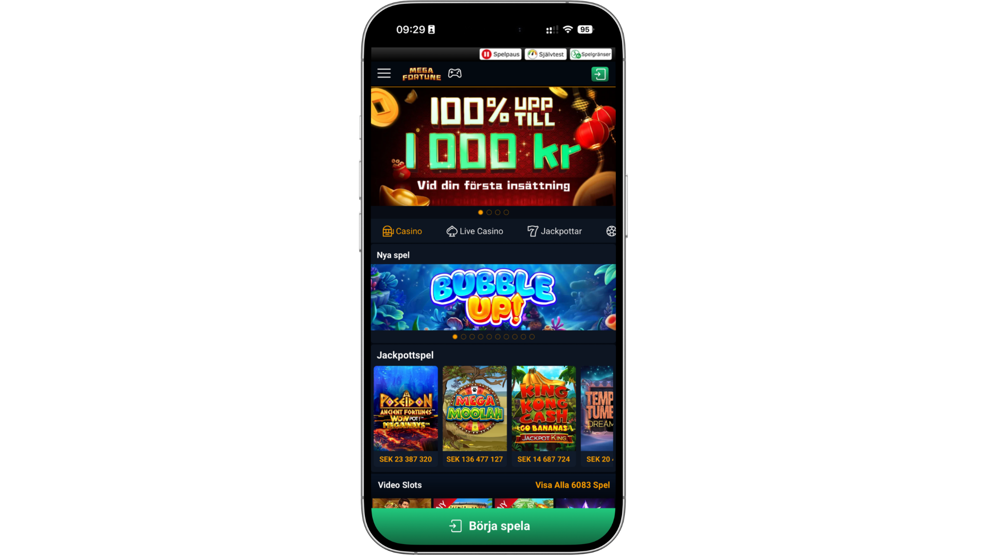 Mega Fortune i mobilen med stort utbud av slots och jackpottspel