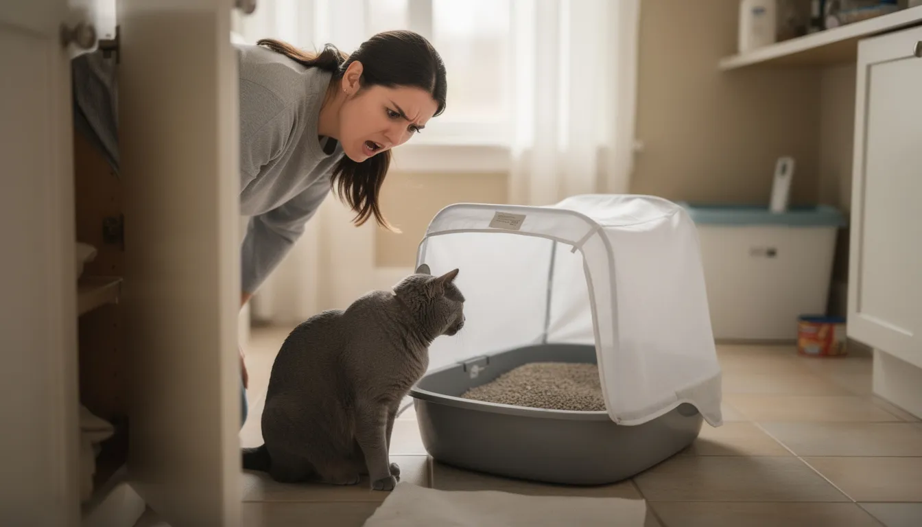 Een bezorgde eigenaar kijkt naar zijn kat die bij de kattenbak zit en kleine beetjes plast. De eigenaar maakt zich zorgen over mogelijke bacteriële infecties en blaasontstekingen bij zijn huisdier.