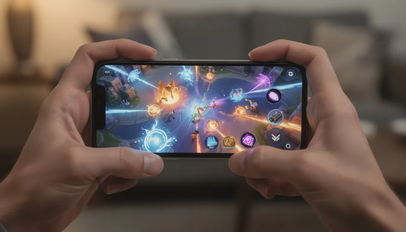 En bild av händer som håller en smartphone med färgglada spelgrafik på skärmen, vilket visar en livlig spelupplevelse som kan inkludera populära spel som Gonzo's Quest eller Mega Moolah. Denna bild ger en känsla av att spela på ett drömigt Vegas casino, perfekt för svenska spelare som söker spännande spel och bonusar.