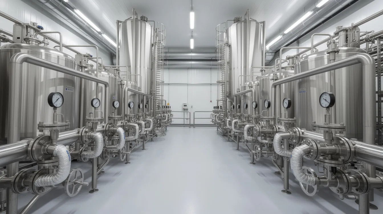 676ed3d6 3248 450b a7a2 39d7b840c56a The image depicts industrial stainless steel UHT milk processing equipment, featuring an intricate network of pipes and valves within a dairy plant. This setup is essential for efficient dairy processing, ensuring the production of high-quality milk products with extended shelf life.