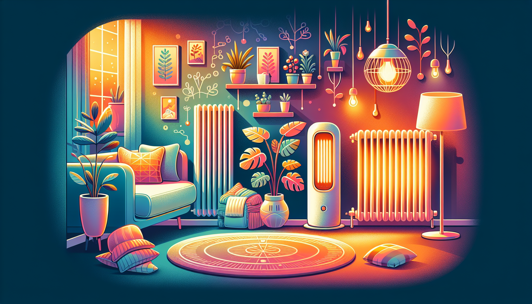 An illustration depicting various electric heating systems like electric radiators and underfloor heating.