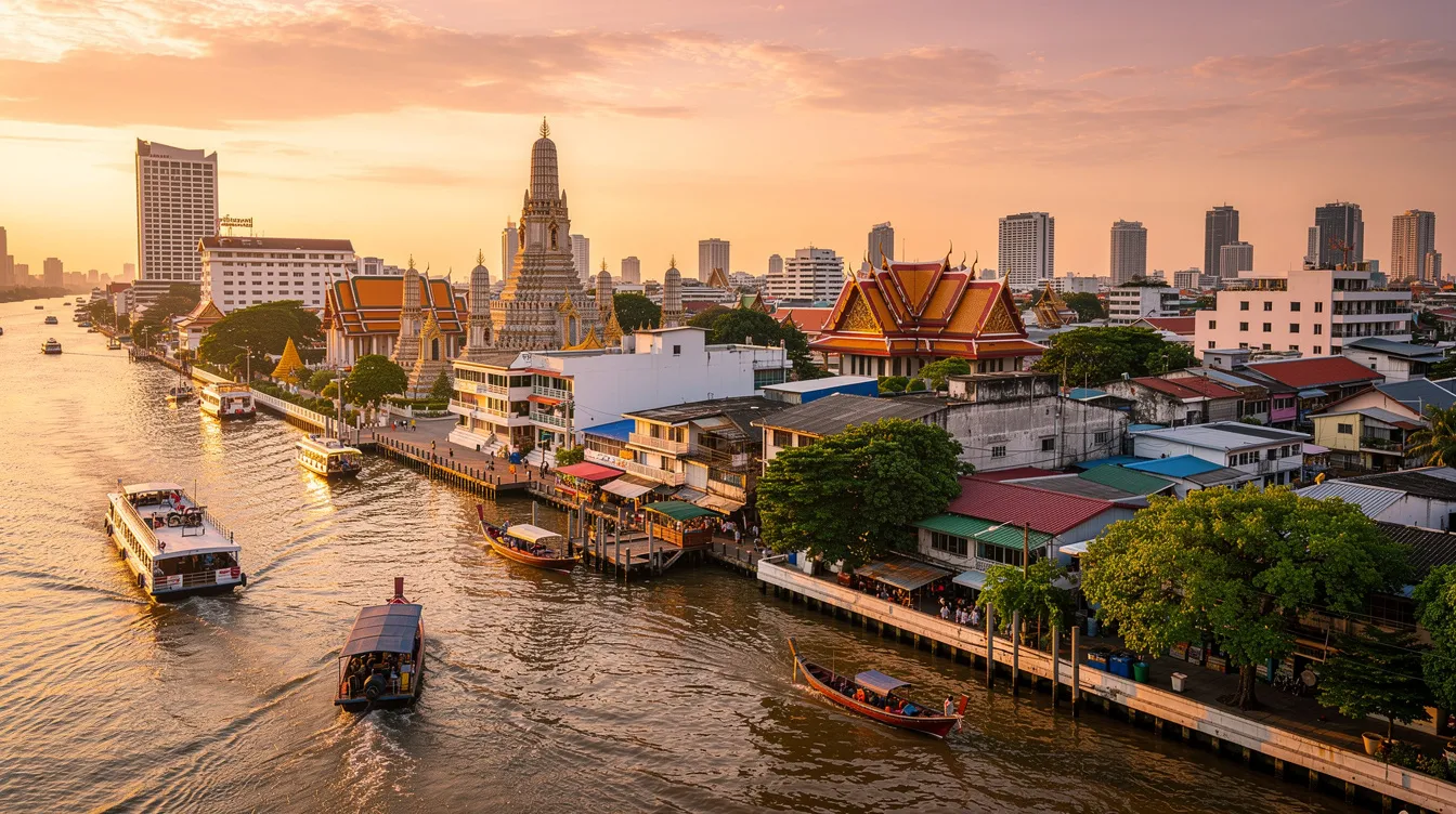 A imagem retrata uma vista deslumbrante de Bangkok, com o Grand Palace ao fundo, cercado por arranha-céus e vegetação tropical. A cena captura a essência vibrante da capital tailandesa, refletindo a mistura de tradição e modernidade que caracteriza esta cidade do Sudeste Asiático.