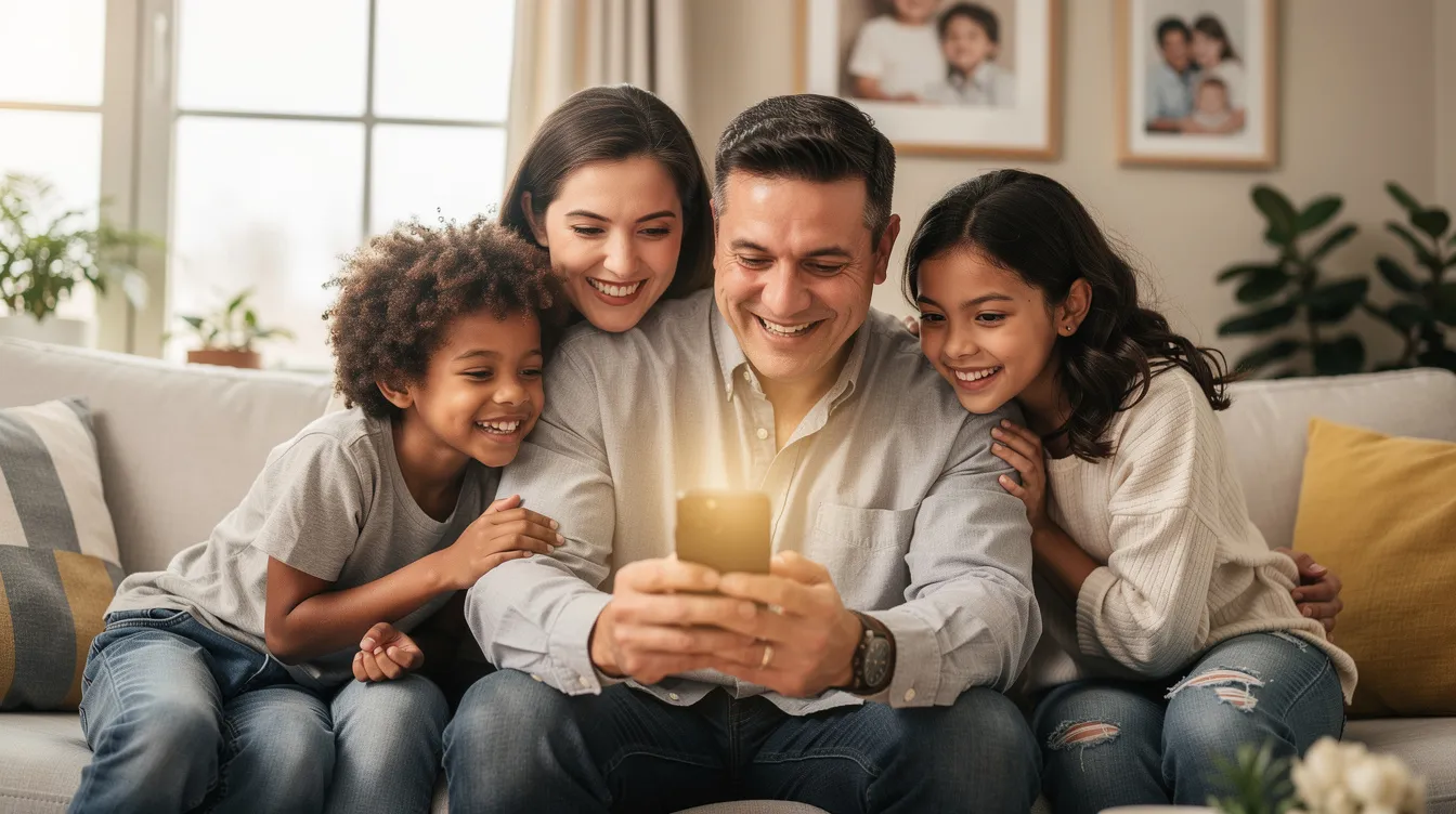 A smiling family is gathered at home, looking at a notification on a phone, possibly related to their Union Bank of India account, confirming a successful money transfer. The atmosphere is joyful, reflecting the ease and helpfulness of sending and receiving funds internationally.