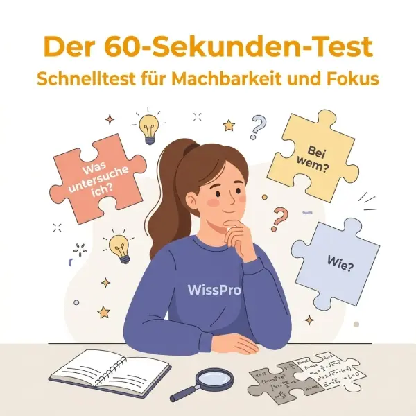 Der 60-Sekunden-Test zur Forschungsfrage – Illustration mit Studentin, Prüffragen zu Fokus und Machbarkeit sowie Symbolen für wissenschaftliches Arbeiten
