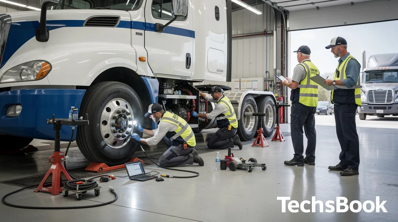 preventive maintenance schedule: The image depicts a mechanic inspecting a commercial motor vehicle, focusing on the braking system and tire pressure in preparation for Brake Safety Week and Operation Safe Driver Week. In the bottom right corner, the name "TechsBook" is displayed in bold and stylish font, emphasizing the importance of vehicle maintenance and safety regulations.