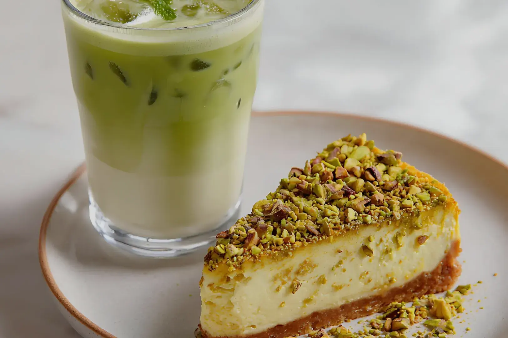 Pistachio cheesecake topped with chopped nuts sits beside a glass of iced green matcha latte, creating a rich, refreshing café treat.
