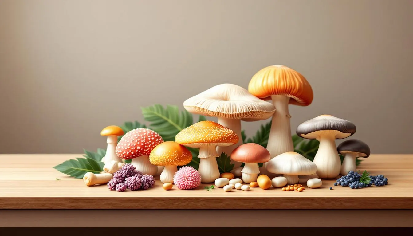 A variety of mushroom supplements displayed on a wooden table.