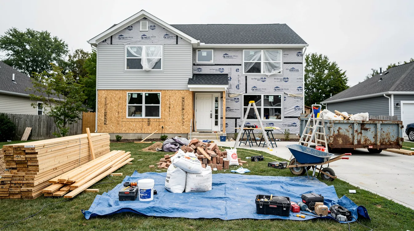 The image depicts a residential house undergoing renovation, with various construction materials and tools scattered across the front yard, highlighting the active process of improving an investment property. This scene reflects the potential for increased property value and rental income, essential factors for real estate investors considering a loan on investment property.
