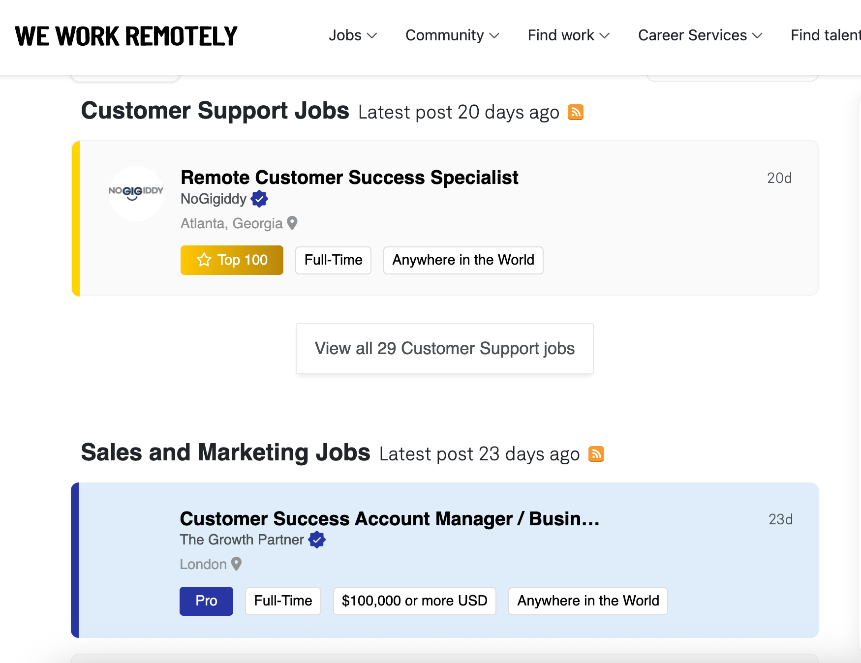 Customer success roles on WeWorkRemotely.