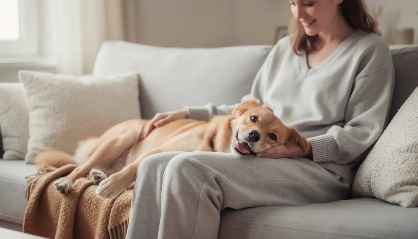 Na zdjęciu widać szczęśliwego psa leżącego obok swojego właściciela na kanapie, co pokazuje ich bliską więź i wspólną radość. Pies, będący częścią rodziny, może być również obiektem szkolenia, aby oduczyć go niepożądanych zachowań, takich jak gryzienie mebli czy rąk.