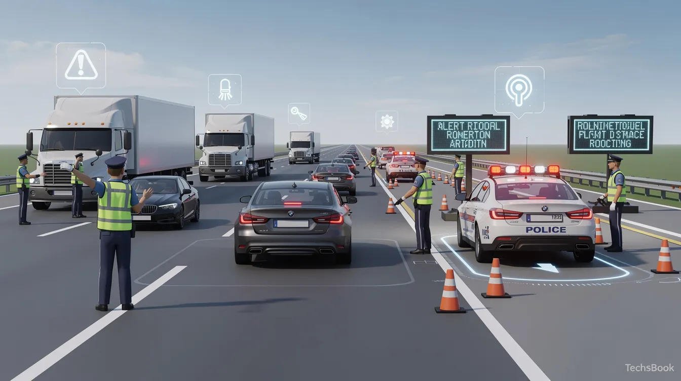 How Telematics Helps Fleets Pass Roadcheck: The image depicts a fleet manager utilizing telematics systems to monitor vehicle data and driver behavior during Roadcheck Week, emphasizing the importance of compliance and safety in fleet operations. A subtle watermark of TechsBook is present, signifying the source of the information.