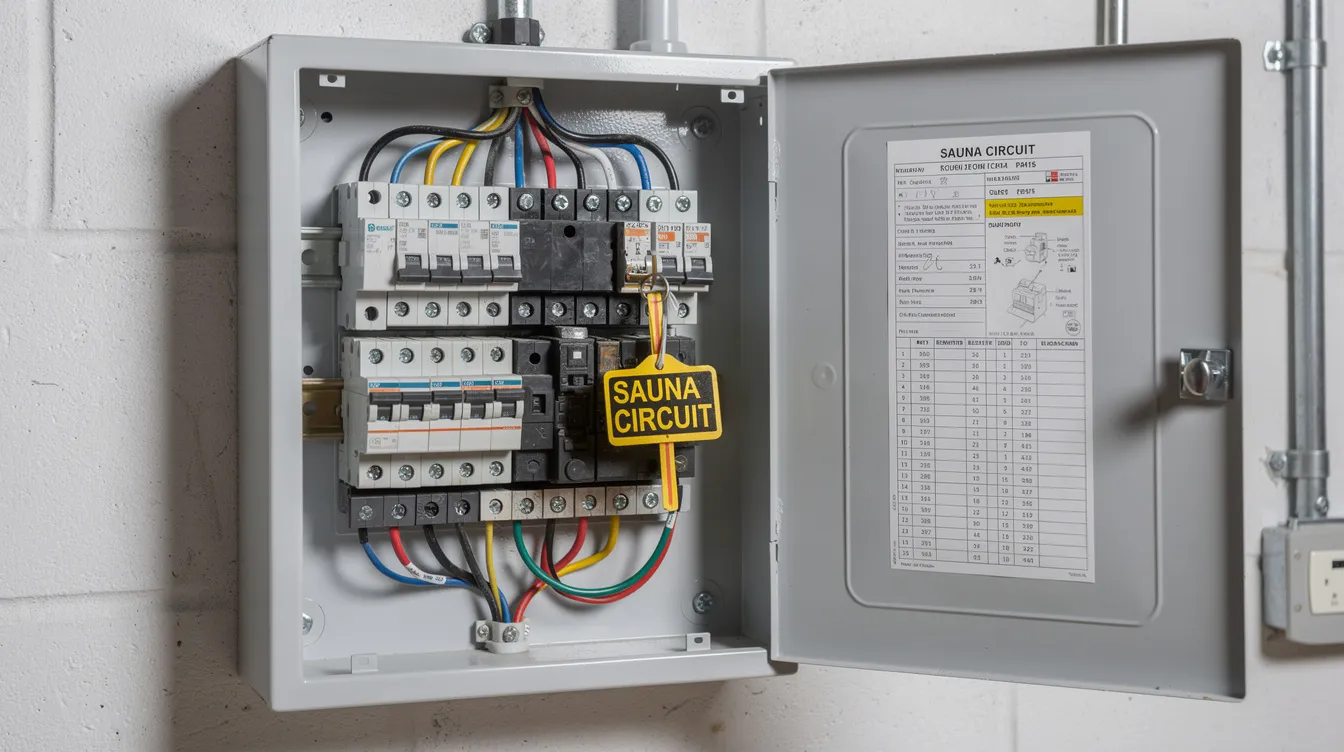 The image shows an electrical panel featuring a dedicated circuit breaker for a sauna, designed to safely power the sauna heater and its heating elements. This setup ensures energy efficiency and proper maintenance for an optimal sauna experience in both small and larger saunas.