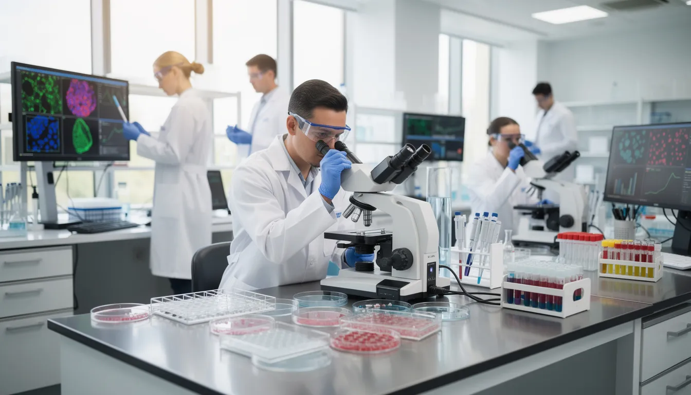 The image depicts a modern scientific laboratory where researchers are examining cellular samples under microscopes, highlighting the focus on biomedical research related to health benefits such as metabolic health and energy production. This environment showcases the exploration of nicotinamide mononucleotide (NMN) and its potential in addressing age-related diseases and improving cognitive function.