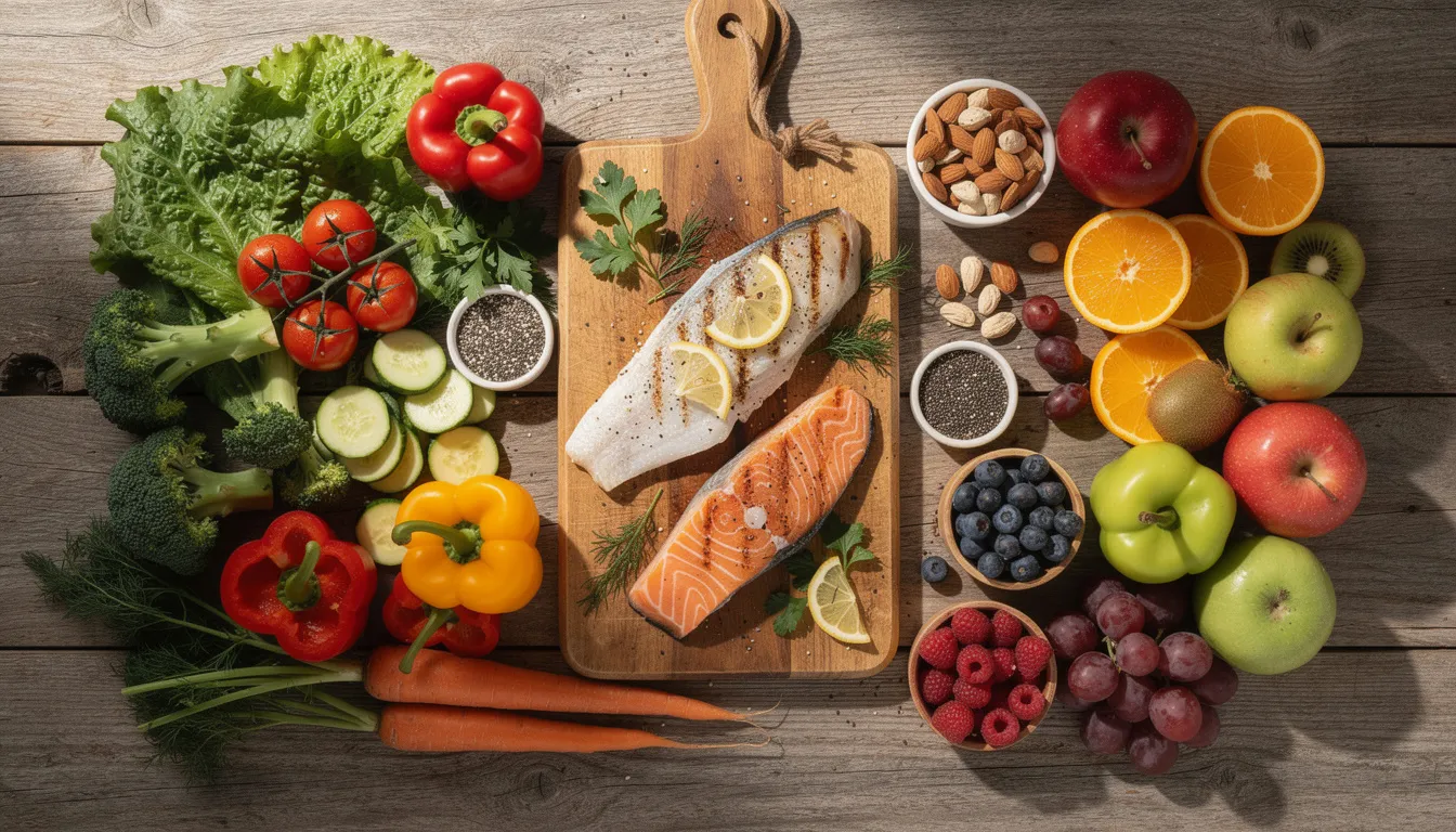 A colorful assortment of healthy foods, including fresh vegetables, fruits, and fish, is beautifully arranged on a table, highlighting the importance of a nutritious diet for overall human health and cellular function. This visually appealing display emphasizes the benefits of maintaining metabolic health and the potential advantages of incorporating dietary supplements like NMN for improved energy metabolism and aging support.