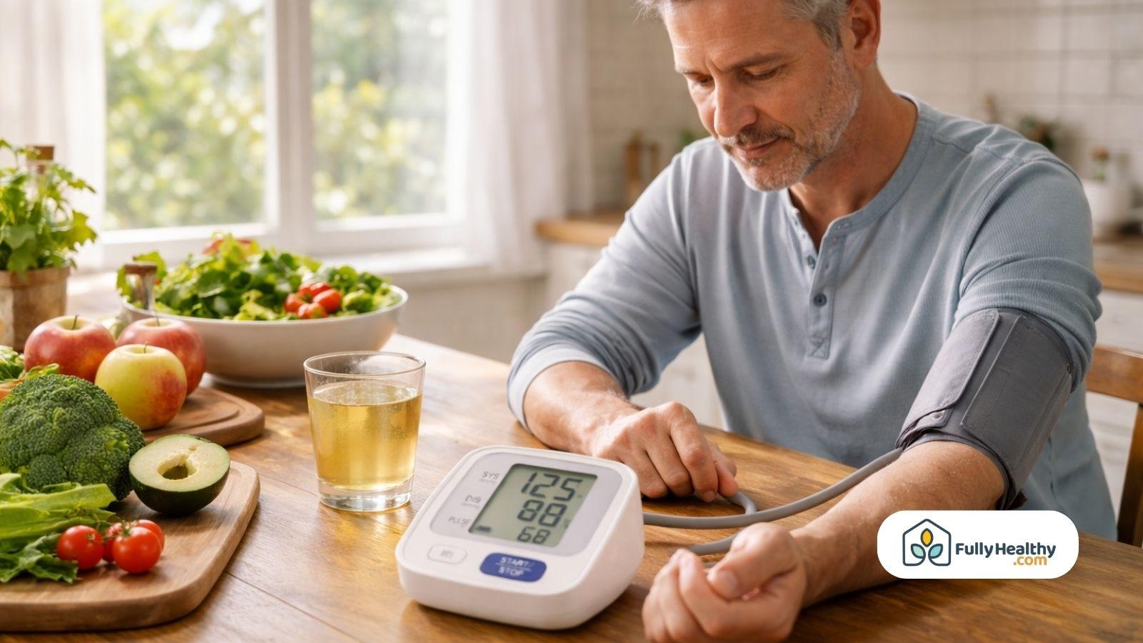 Man checking blood pressure at home with apple cider vinegar drink nearby