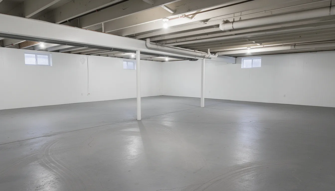 The image shows a clean and empty basement after a professional cleanout, featuring a swept floor and ample clear space, highlighting the effectiveness of junk removal services. This tidy environment is free of unwanted items, showcasing the results of a hassle-free basement cleanout process.