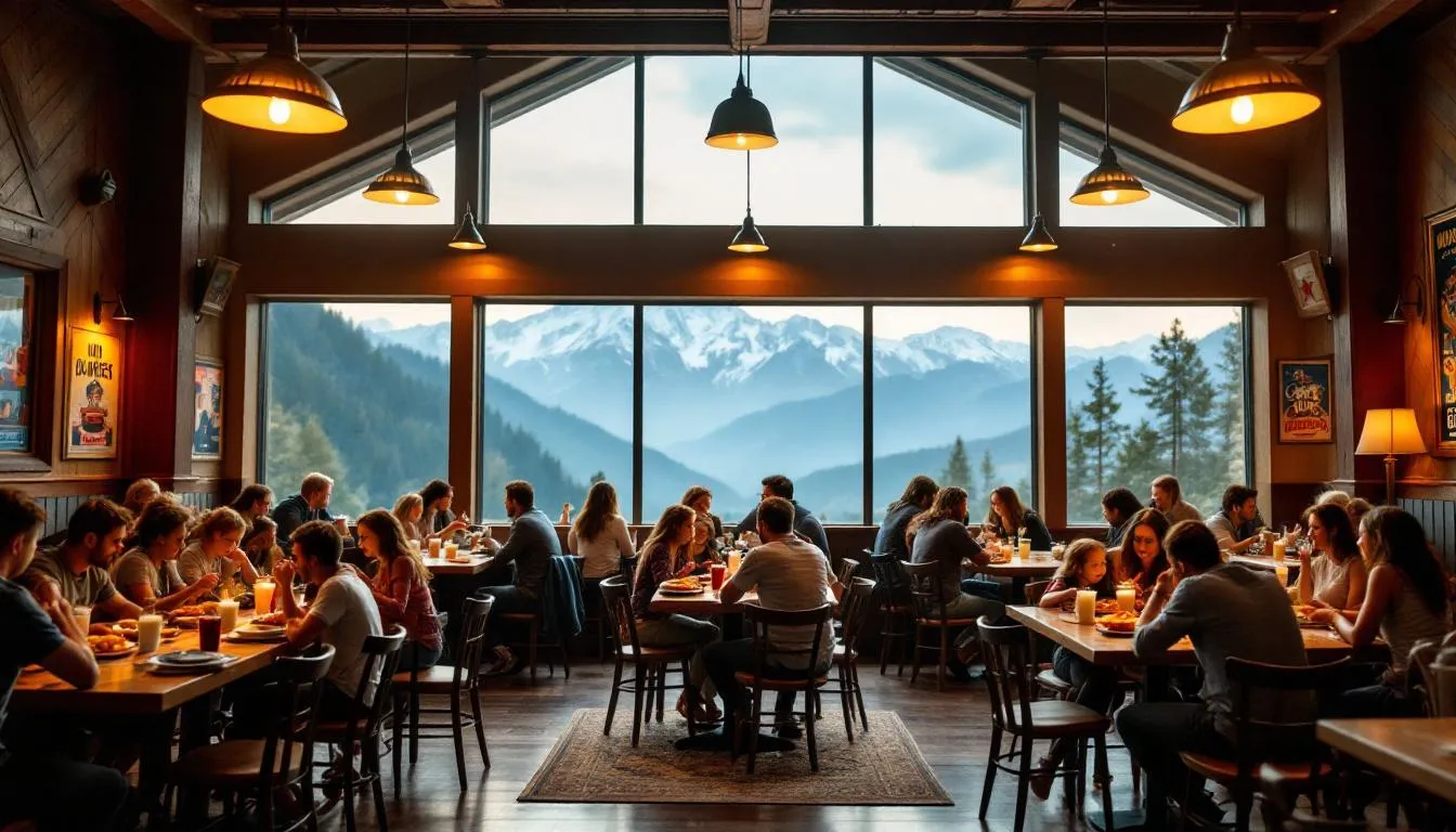 The image depicts a cozy restaurant dining room where families are enjoying American cuisine while taking in stunning mountain views. This inviting atmosphere is perfect for guests visiting the nearby Brian Head Ski Resort and Cedar Breaks Lodge, making it an ideal spot for a memorable dining experience.