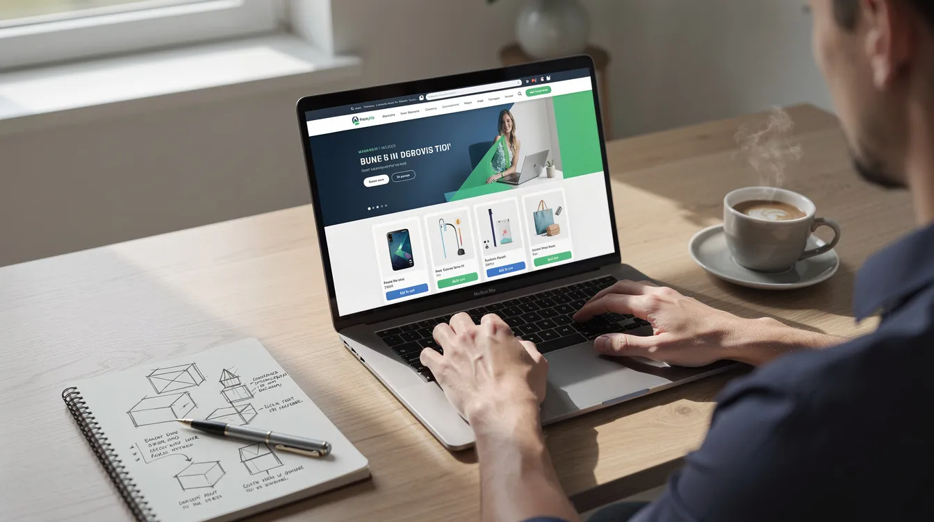 A person is seated at a desk, reviewing various ecommerce website designs on their laptop, with a notebook and a steaming cup of coffee nearby. The scene suggests a focus on exploring Shopify themes and design inspiration for an online store.