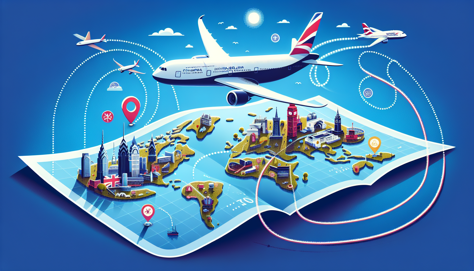 A conceptual illustration showing the flight time from Philadelphia International Airport to London Heathrow Airport.t