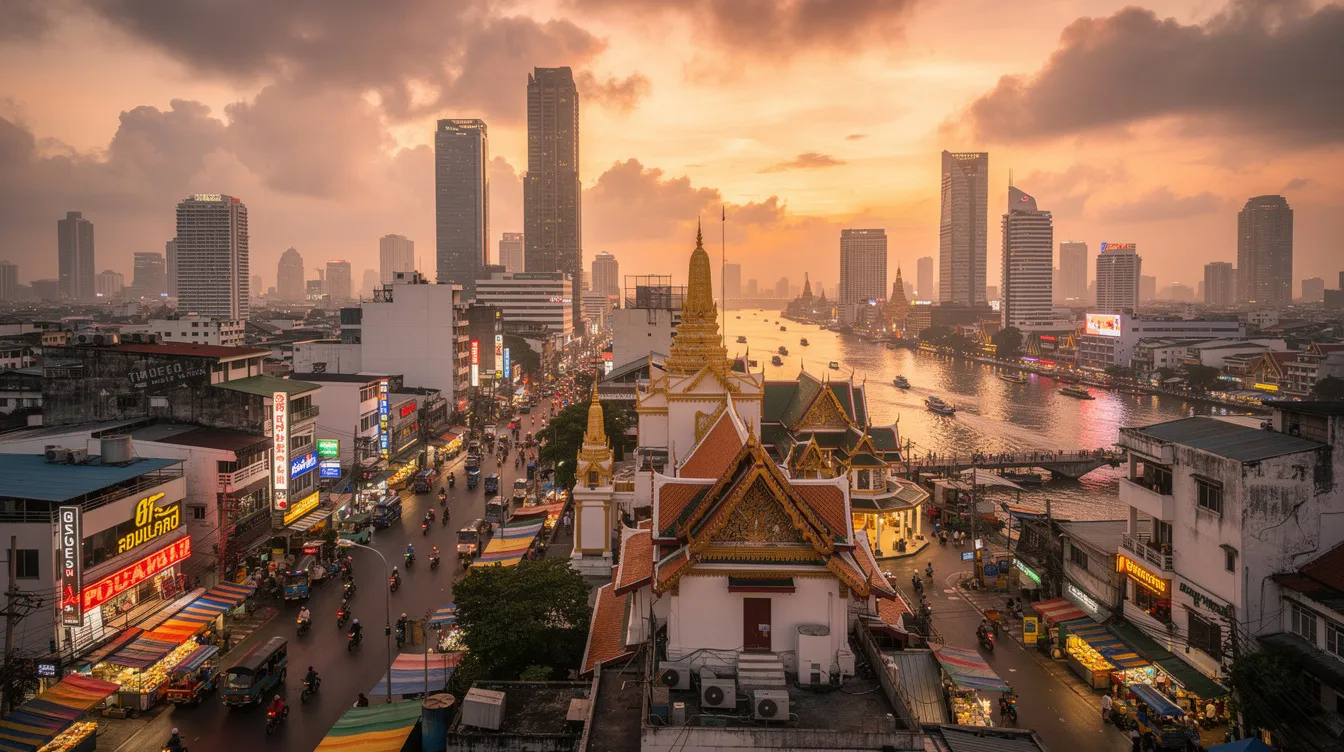 A imagem retrata uma vibrante cena de Bangkok, com arranha-céus modernos ao fundo, enquanto tuk tuks coloridos circulam pelas ruas movimentadas. No primeiro plano, é possível ver pessoas explorando os mercados flutuantes e degustando a famosa comida de rua tailandesa, refletindo a rica cultura e tradição da capital da Tailândia.