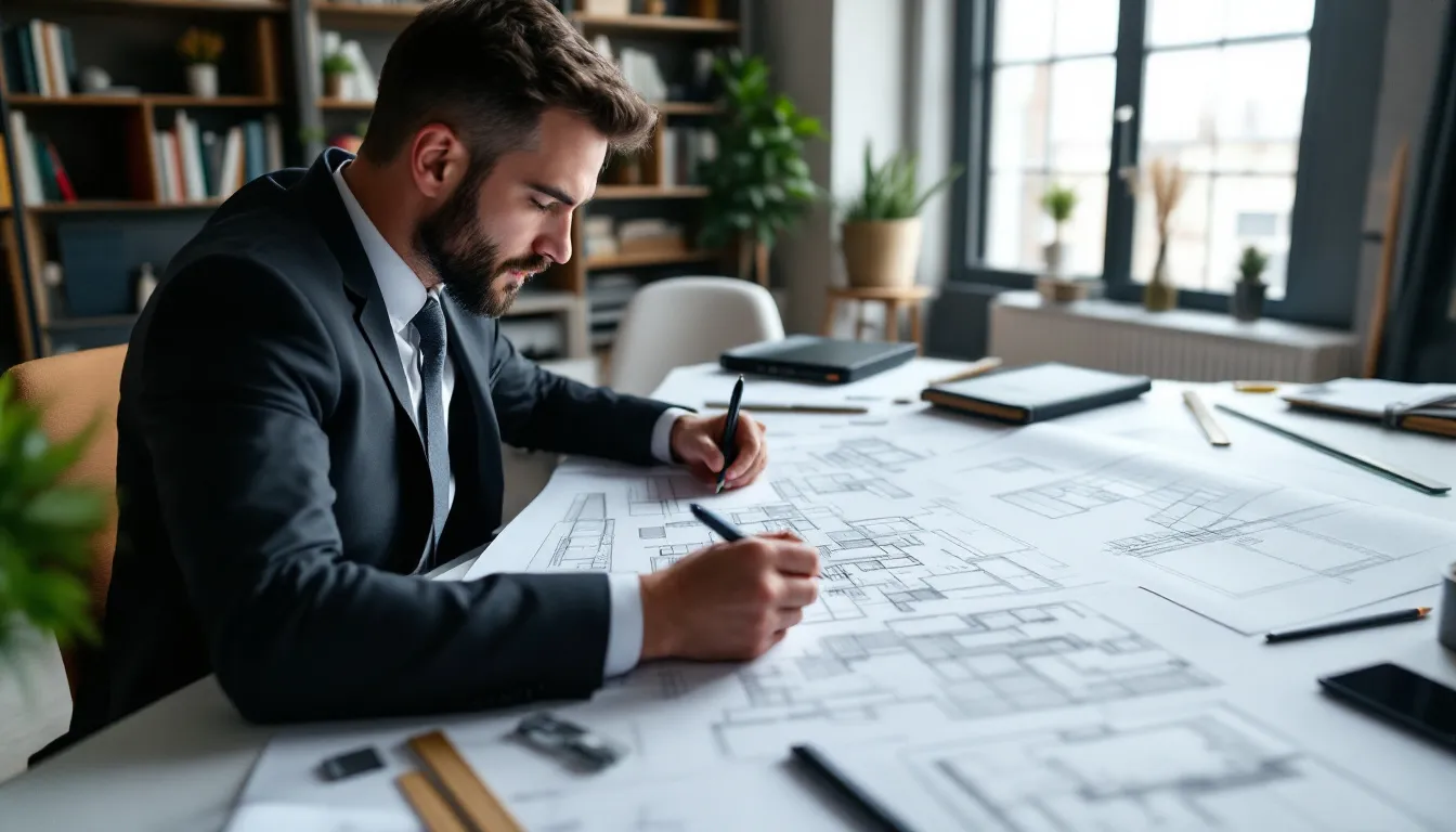 An architect is intently reviewing specialized architectural plans and designs at a drafting table, showcasing their technical skills and thorough understanding of engineering principles. This scene highlights the importance of specialized skills and hands-on experience in the architecture career development process.