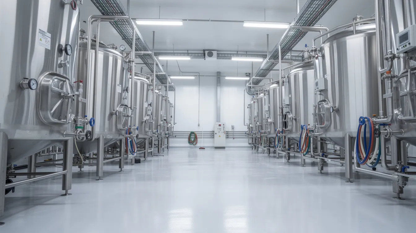 678248af 1b0e 477d 80a7 6967a696a773 The image depicts a large stainless steel dairy processing hall, featuring gleaming tanks and intricate piping systems essential for the cheese production process. This industrial setting is designed for processing various types of cheese, including cheddar and cream cheese, utilizing equipment that facilitates the curdling of milk and the production of cheese curds.