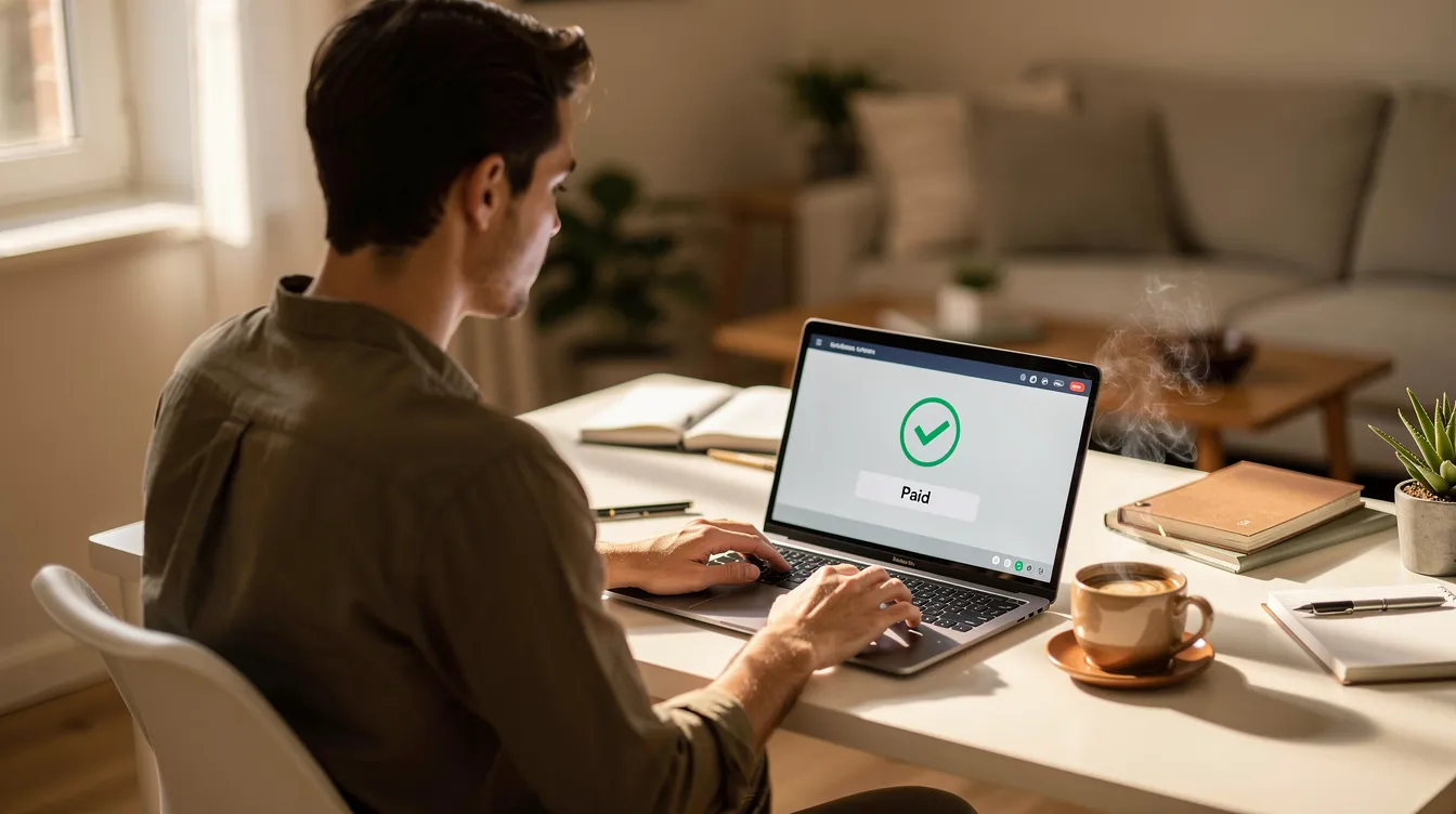 A young professional is seated at a home desk, focused on their laptop as they send a digital payment, with a coffee cup placed nearby. The scene captures the ease of managing international transfers, highlighting the modern approach to banking from the comfort of home.