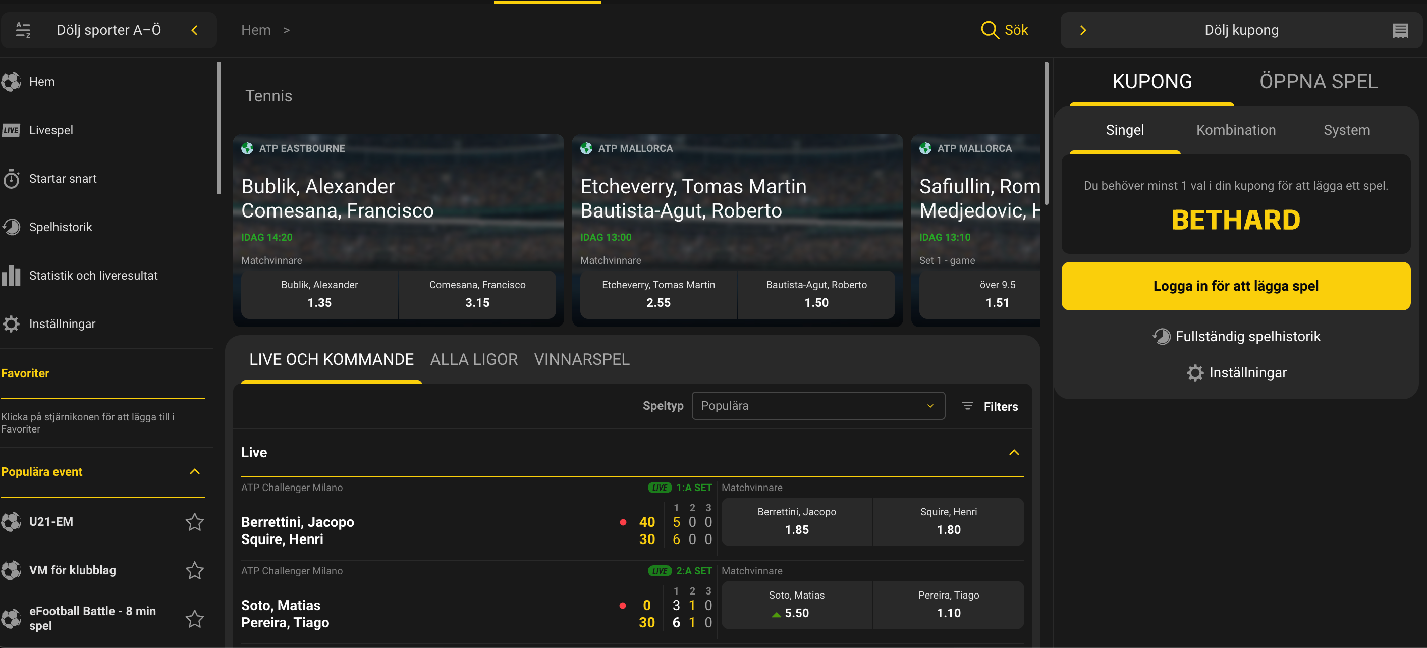 Bethard odds tennis