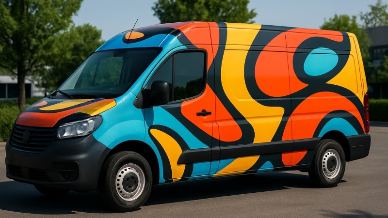 Van wrapped with funky vinly wrap
