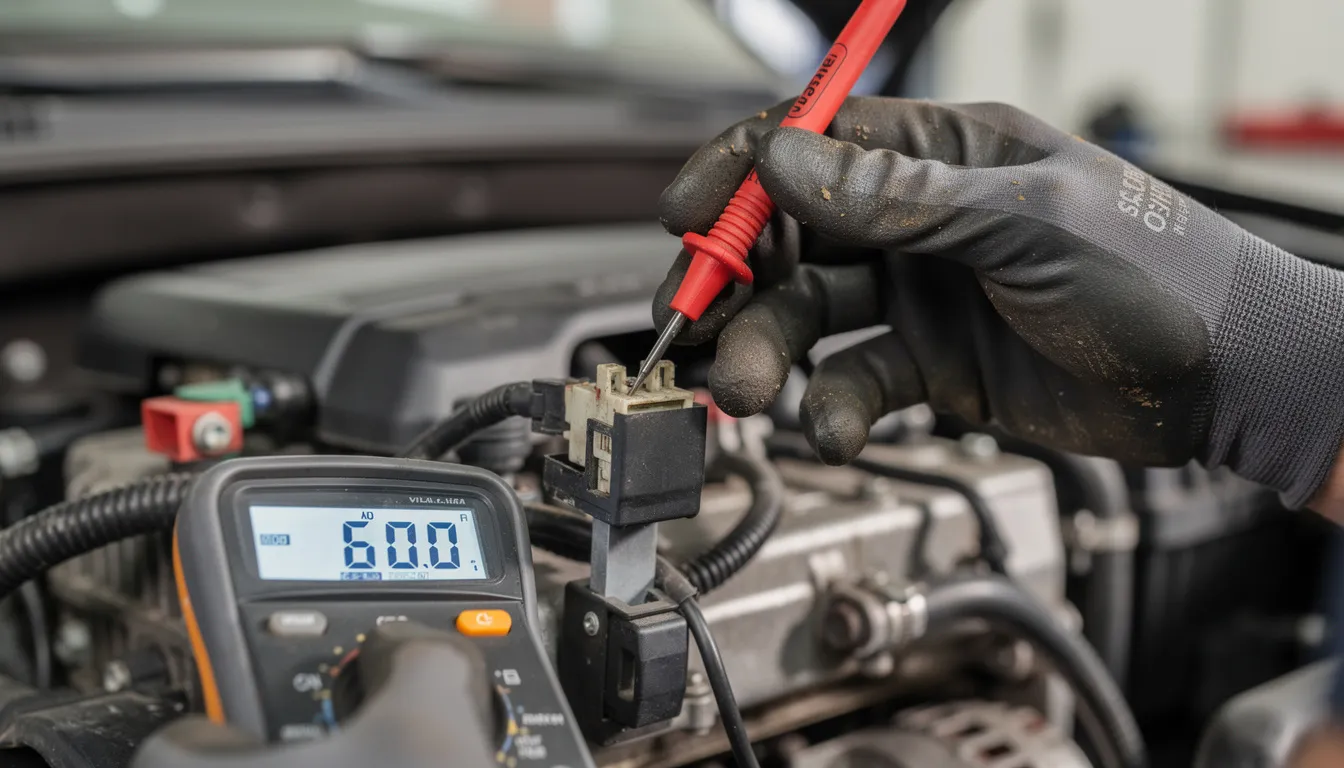 A pair of hands is holding a digital multimeter, testing an automotive electrical component inside a vehicle. The multimeter is used to check the current and functionality of the component, which is crucial for ensuring the efficient operation of the car's electrical system.