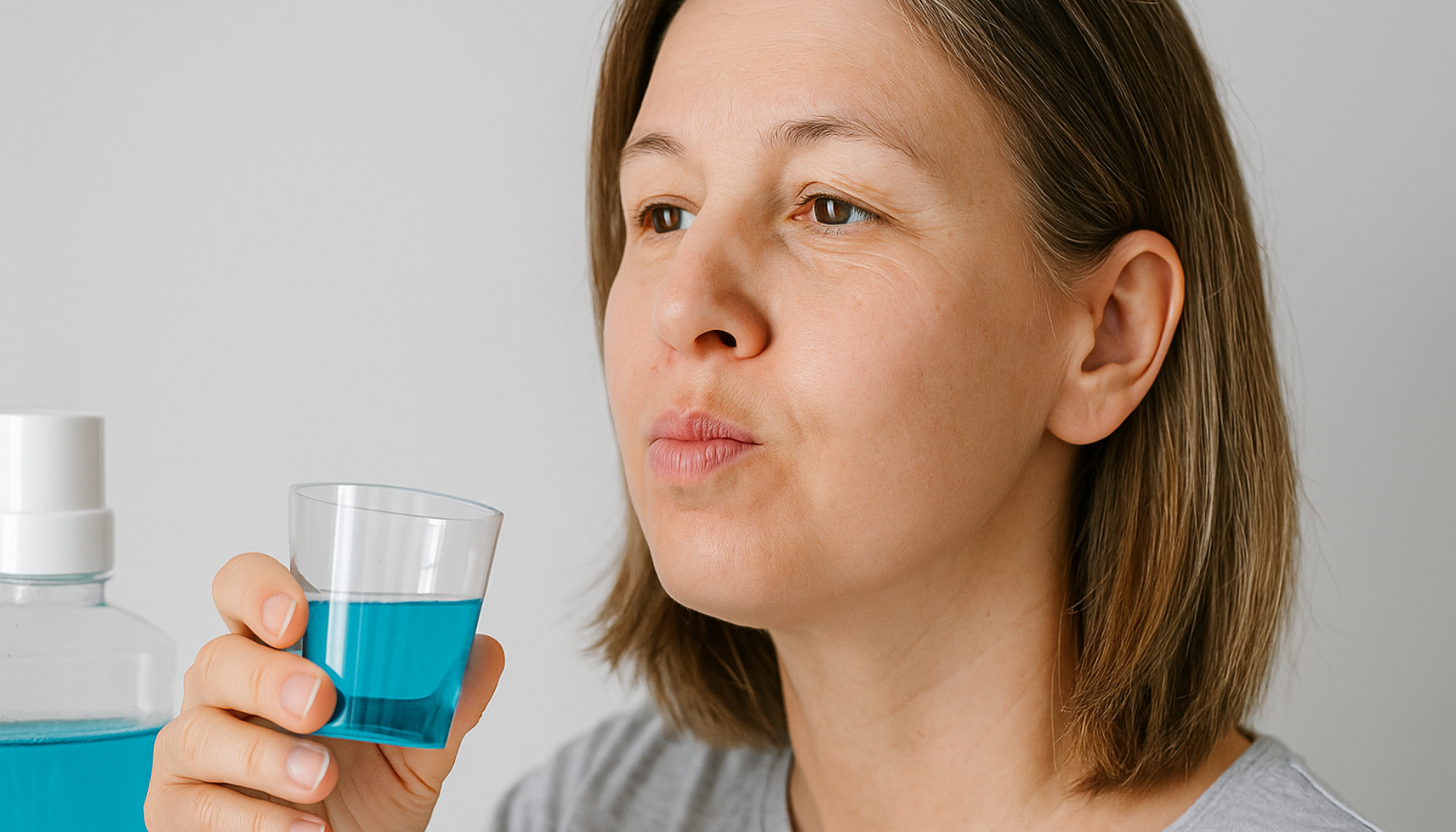 Kvinne skyller munnen med blå munnskyll i lyst rom som del av daglig munnhygiene.