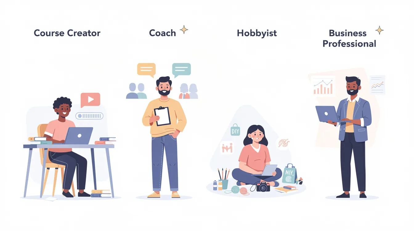 The flat illustration depicts four distinct creator types: a course creator with a laptop, a coach holding a clipboard, a hobbyist surrounded by art supplies, and a business professional with a briefcase. Each character represents different roles within a community platform, emphasizing the diverse community engagement and building opportunities available in an online community like Skool.