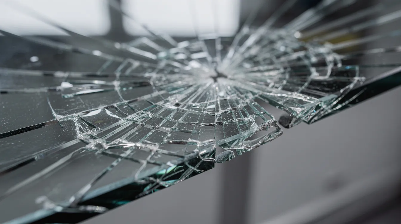 The image shows a close-up view of laminated safety glass displaying visible cracks, which are held together by a security film after undergoing impact testing. This showcases the added protection and safety benefits that window films, like those used in commercial properties, can provide against break-ins and accidents.
