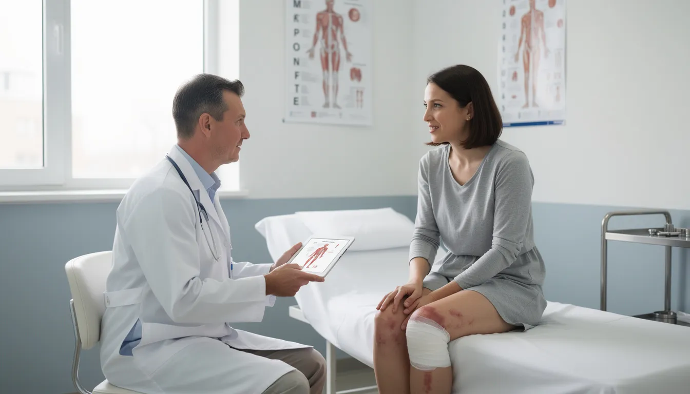A medical professional is consulting with a patient about treatment options for their injuries, discussing important aspects such as medical care and the personal injury claims process. This interaction highlights the significance of seeking legal guidance from a workers compensation lawyer to ensure injured workers receive fair compensation for medical expenses and lost wages.