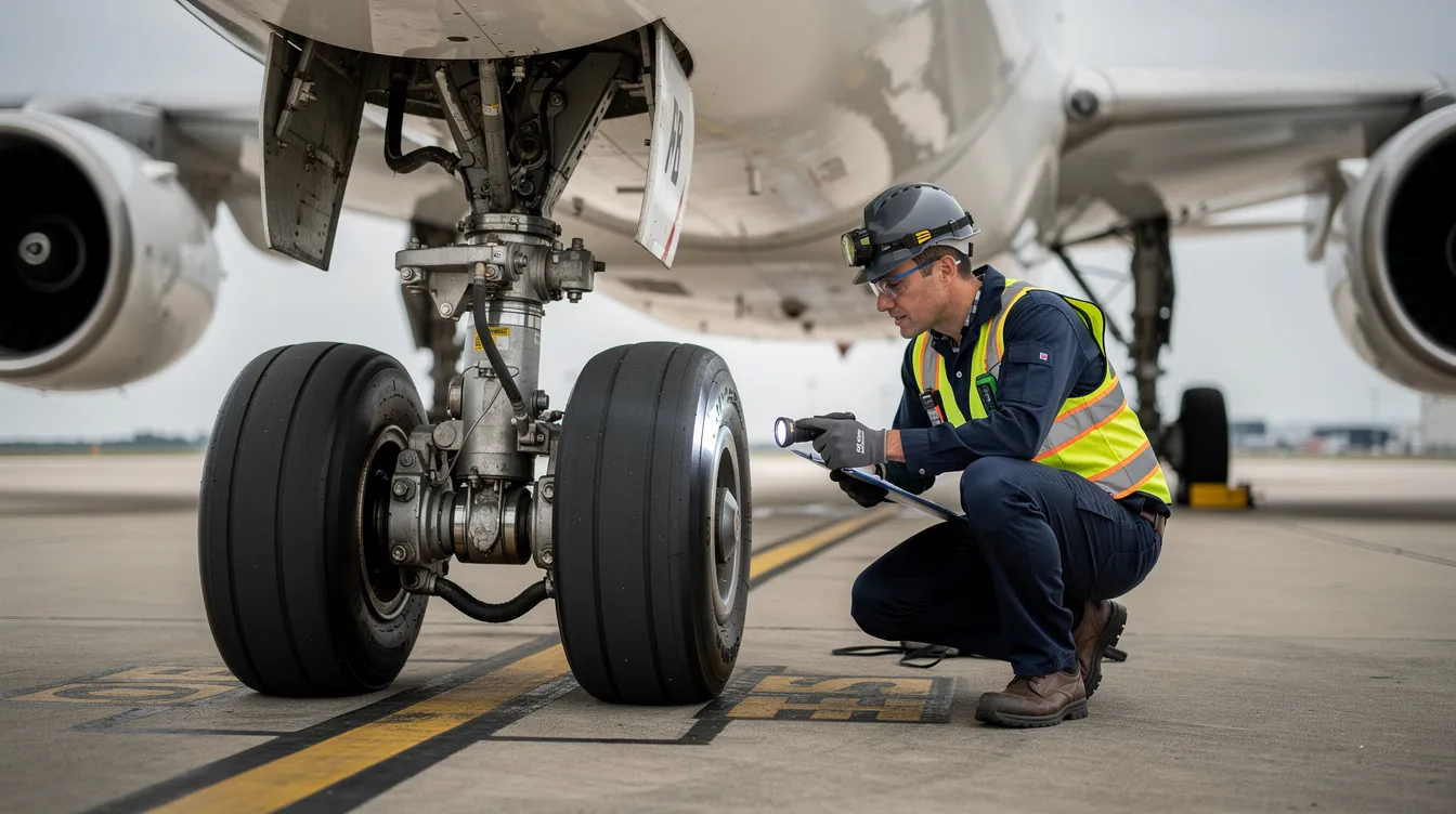 A maintenance technician is carefully inspecting the landing gear of an aircraft, ensuring all components are functioning properly as part of their aviation maintenance responsibilities. This hands-on experience is crucial for those in an apprenticeship program, where they gain the skills needed for a successful career in aircraft maintenance.