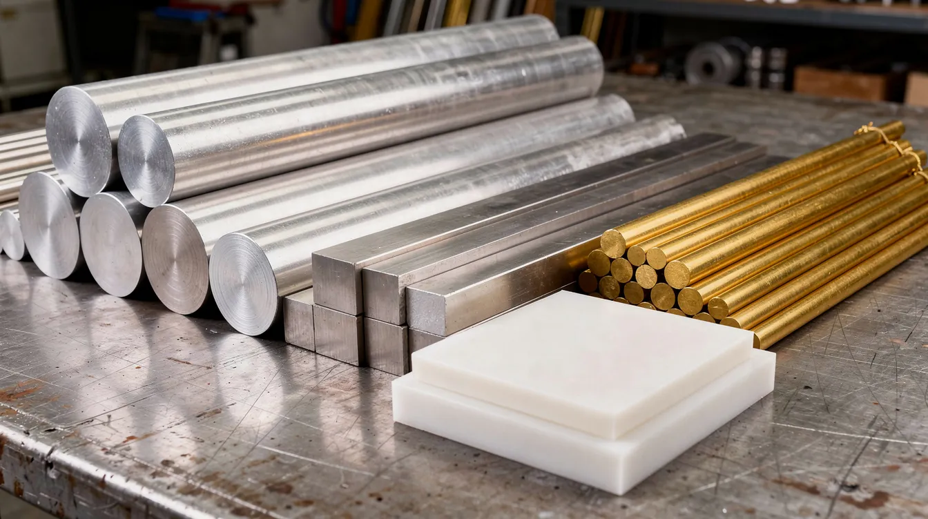 The image depicts an assortment of raw material billets, including aluminum rounds, stainless steel bars, brass rods, and white PEEK blocks, neatly arranged on a workshop table, showcasing various materials used in precision machining and CNC machining services. This diverse selection highlights the essential components for custom CNC parts and machining processes in manufacturing.