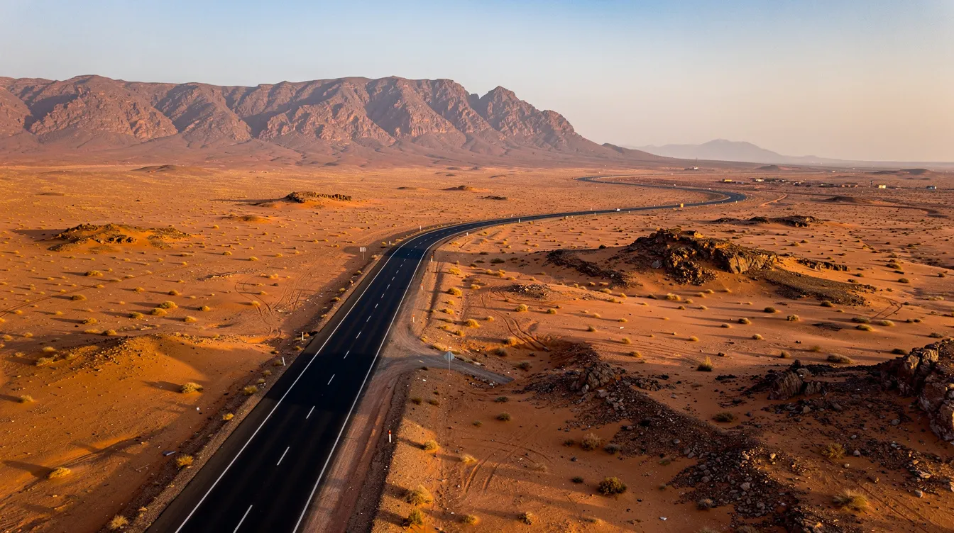 A winding highway in Morocco stretches through a desolate desert landscape, with rugged mountains rising in the background. This scenic route highlights the beauty of the Moroccan terrain, perfect for a rental car journey, allowing travelers to explore hidden gems and beautiful places across the country.