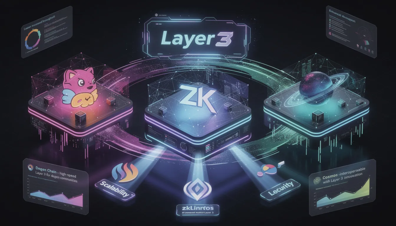 The image depicts several Layer 3 blockchain solutions, including Degen Chain, zkLink Nova, and Cosmos, showcasing their role in driving innovation within the blockchain ecosystem. These projects are designed to enhance scalability, lower transaction costs, and improve security, contributing to the ongoing advancements in decentralized finance and smart contracts.