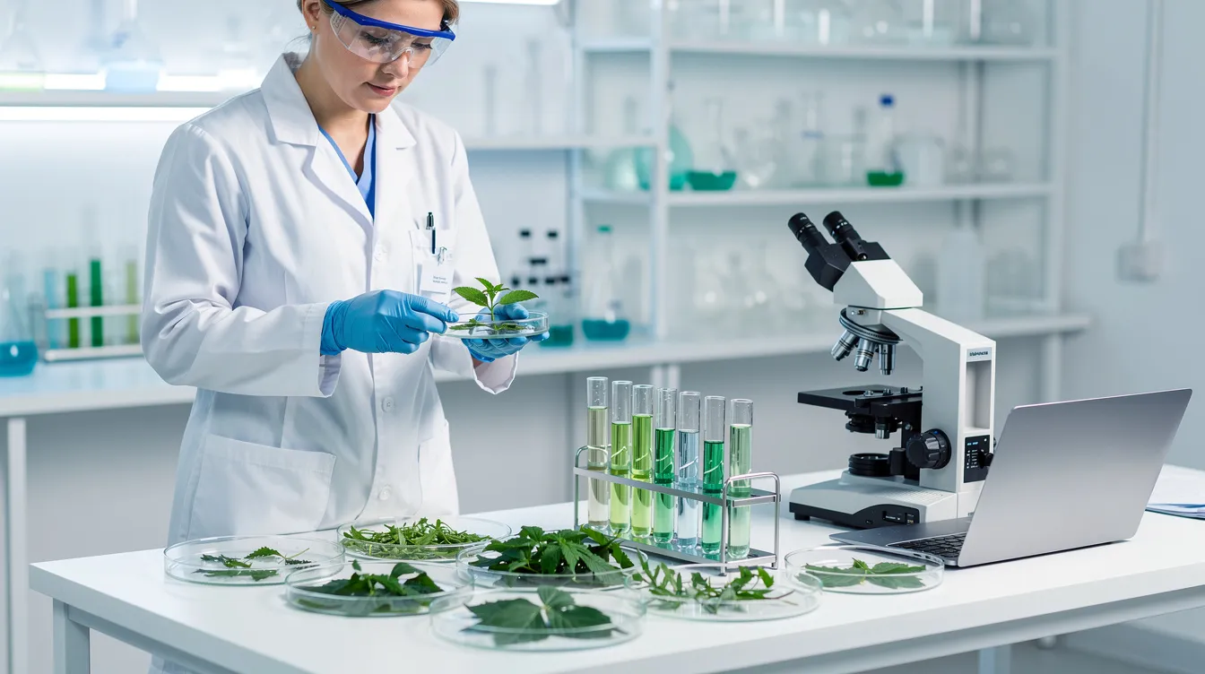 A laboratory technician is examining various plant samples using specialized testing equipment, likely related to the analysis of cannabis and hemp-derived products. This scene reflects the ongoing research into the legal status of THCA and its applications for registered medical marijuana patients.