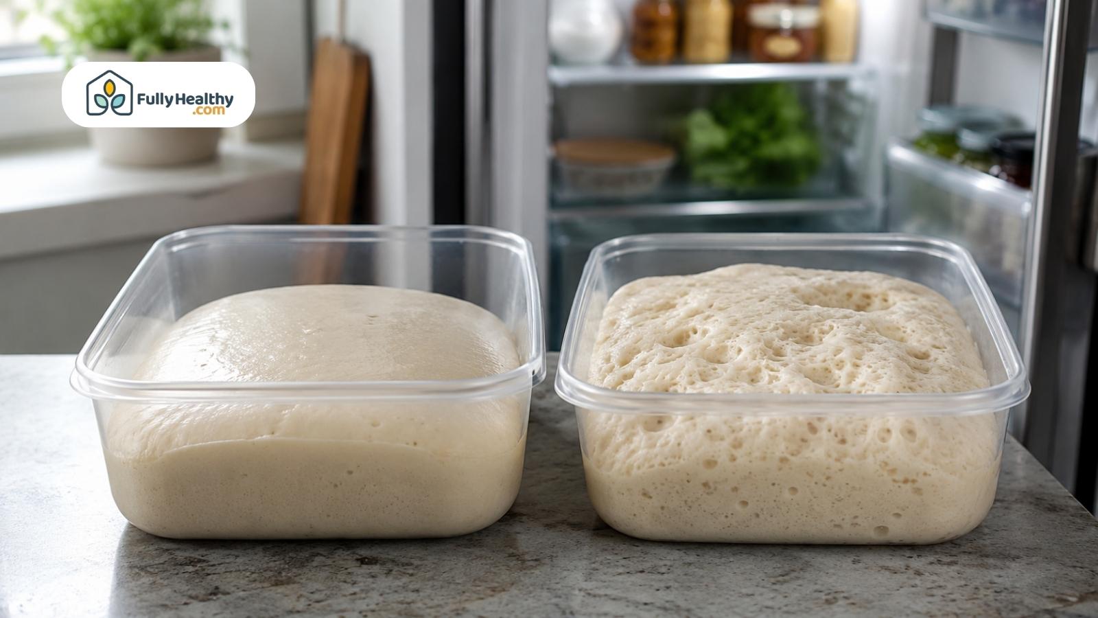 Fresh and fermented pizza dough shown side by side in clear containers