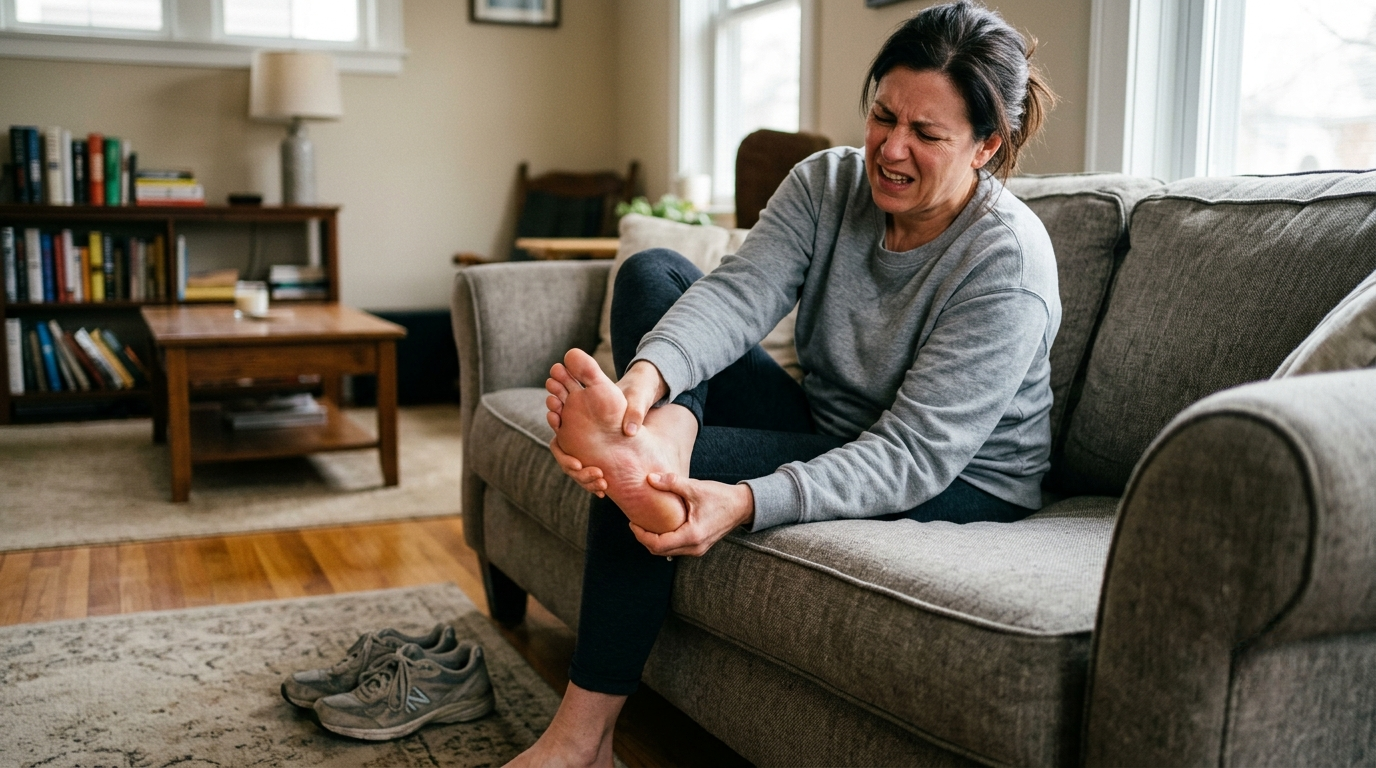 Woman sitting on her couch wincing while holding her foot in pain