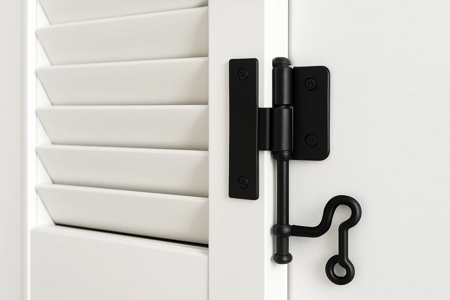 "Black hardware detail on white plantation shutters in a contemporary home"
